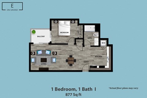 Floor plan for 1 bed, 1 bath, 877 sqft